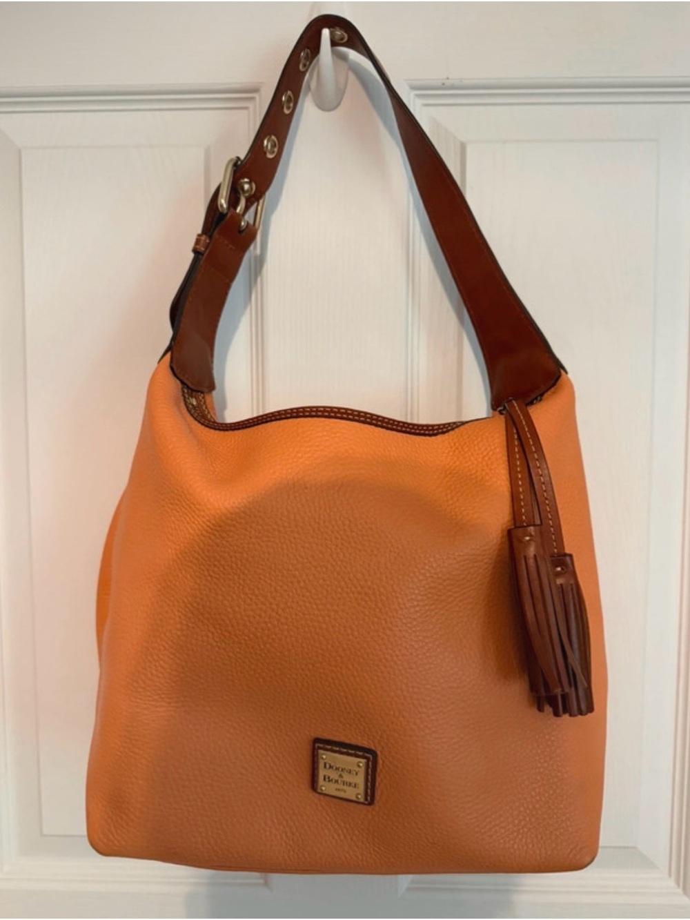 Dooney & Bourke Peachy-Orange Leather Shoulder Hobo with Brown Strap